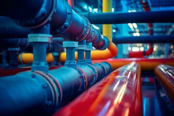 Close-up of pipeline used in chemical waste processing in contemporary facility. Generative AI - obrazy, fototapety, plakaty