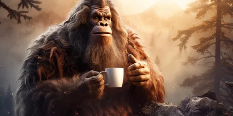Foto op Aluminium Bigfoot drinking a hot cup of coffee with scenic mountain view. Generative AI © JoelMasson