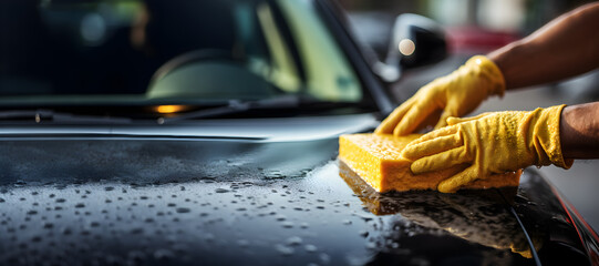 Worker washing car with sponge on a car wash - obrazy, fototapety, plakaty