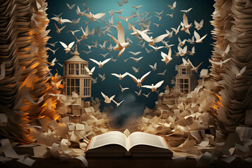 Origami bird flying from a book. Knowledge concept