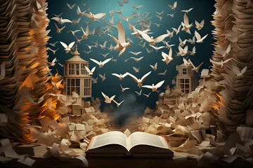 Foto op Plexiglas Origami bird flying from a book. Knowledge concept © akualip
