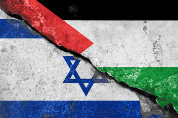 Wall crack separate between Israel flag and Palestine flag for national politic conflict and military war concept. - obrazy, fototapety, plakaty