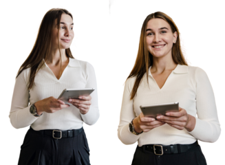 A modern woman copywriter. Confident stylish office employee.  The manager is a specialist human employee in the office using a tablet and an AI chat bot app. Photo collage. Transparent background.