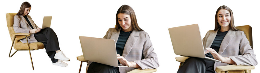 Uses a career laptop in the office of a modern female copywriter. Stylish office employee.  Manager...