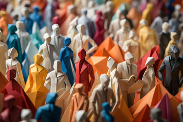 Large crowd of diverse people in origami form inside a town - Powered by Adobe
