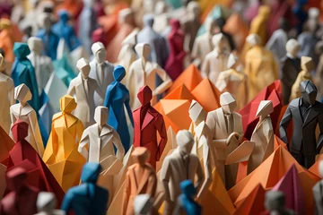 Poster Large crowd of diverse people in origami form inside a town © akualip
