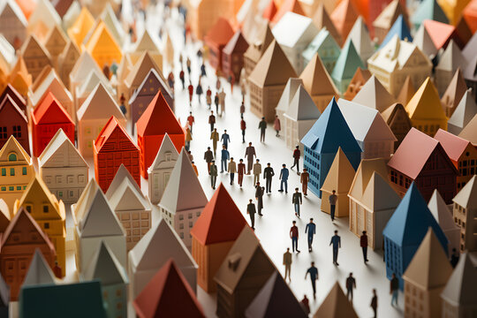 Large crowd of diverse people in origami form inside a town