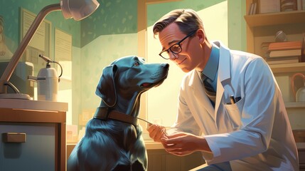 Cute veterinarian examining a dog in the clinic for diseases. - obrazy, fototapety, plakaty