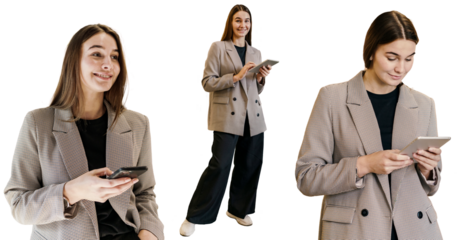 A business woman in a financier's jacket uses a tablet. A modern smart employee in an IT company. SMM text manager.  Transparent background.
