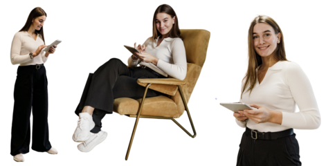 A female designer is sitting in the Kremlin using a tablet reading online. The manager in the office works in different poses using the device. Transparent background.
