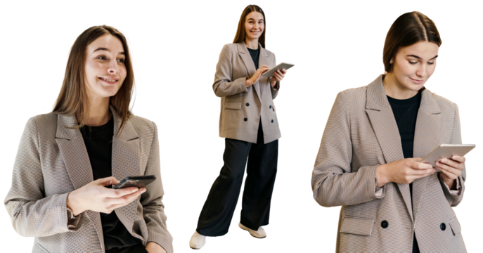 A business woman in a financier's jacket uses a tablet. A modern smart employee in an IT company. SMM text manager.  Transparent background.