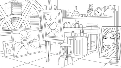 Vector illustration, artist's workshop studio
