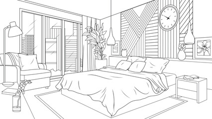 Vector illustration, loft style bedroom interior design