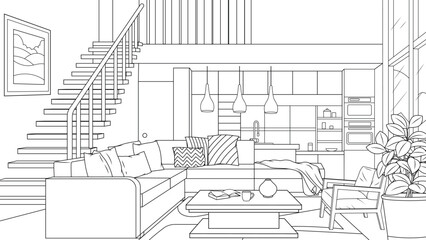 Vector illustration, interior design of a comfortable kitchen living room with second light