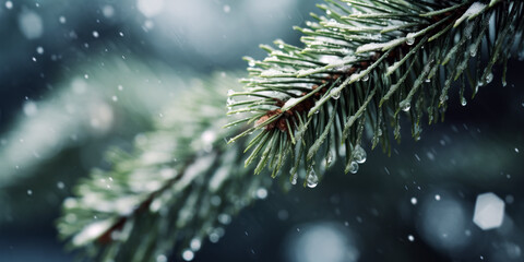 fresh snow covering the branches of a pine tree, with droplets of water