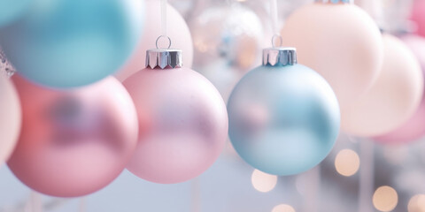Close up of beautiful pastel colored Christmas tree baubles.