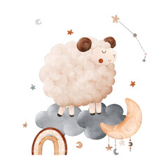 Watercolor children's cute composition with the zodiac sign Aries, ram, cloud, stars, moon and constellation. For printing, packaging, postcards, brochures, baby shower, poster, decoration, fabric.