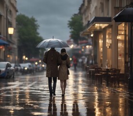A couple walks under an umbrella enjoying the serene beauty of a rainy day in the city  people walking in rain