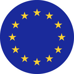 European Union round flag. EU flag, yellow stars on blue circle. European Union flag push button.