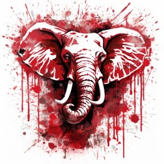 Watercolor painted of elephant head with red color splatter abstract elements grunge on white background illustration.