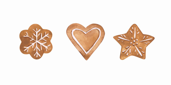 Set of 3 gingerbread cookies isolated. Vector illustration. Watercolor homemade gingerbread decorated. Christmas biscuits in the shape of a heart, a star, and a snowflake. Holiday clipart.