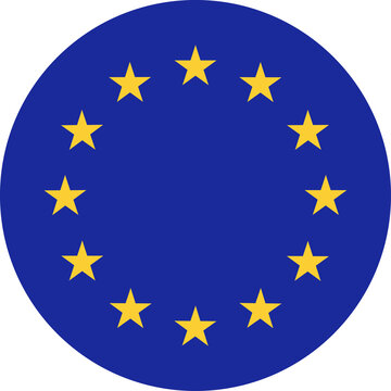 European Union round flag. EU flag, yellow stars on blue circle. European Union flag push button.