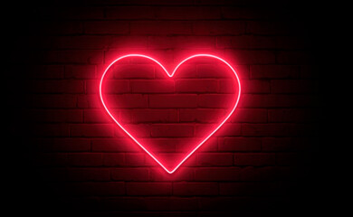 Heart Shape red Neon Light On Dark Brick Wall. AI Generative