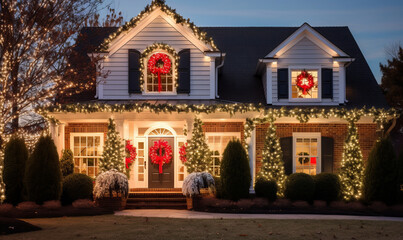 A house covered with christmas lights and festive decorations for the holiday season - obrazy, fototapety, plakaty