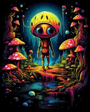 Colorful cartoon Alien walking in an Enchanted Woods with a city Beautiful illustration Background