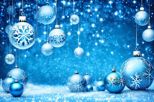 Christmas blue background with decoration balls snowflakes in handpainted style with 3D effect and copy space