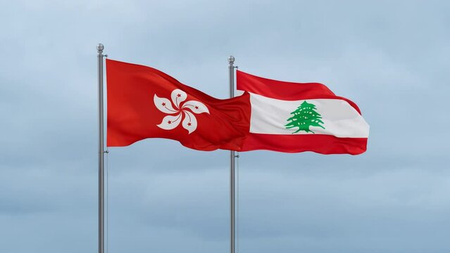 Lebanon flag and Hong Kong flag waving together on cloudy sky, endless seamless loop, two country relations concept