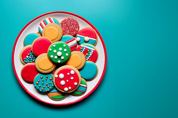 Colorful Christmas cookies on a plate on a turquoise background