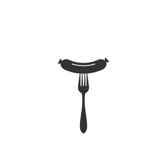Grilled sausage on fork icon. Hot sausage on fork isolated sign on white background. Vector illustration