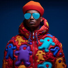 Cool african american man in colorful gingerbread winter jacket and hat.