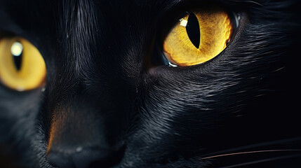 Close-up Portrait of Black Cat with Yellow Eyes Created with Generative AI