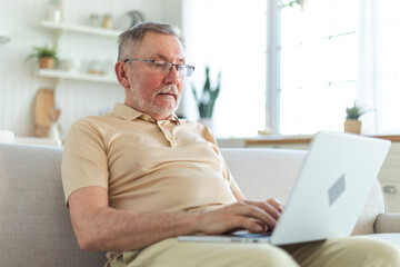 Confident stylish happy middle aged senior man using laptop at home. Stylish older mature 60s beard...