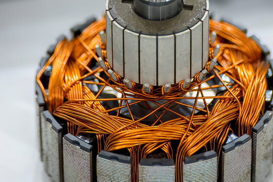 Closeup scene the copper wiring on the rotator parts of electric motor.