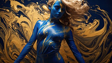 Model in a metallic gold jumpsuit, surrounded by deep blue and gold smoke swirls