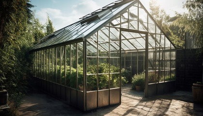 Obraz premium Fresh organic growth thrives inside modern transparent greenhouse technology