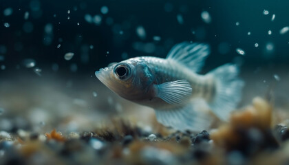 Colorful school of fish swimming in tropical reef blue waters