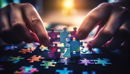 Successful teamwork connects puzzle pieces for creative solutions indoors