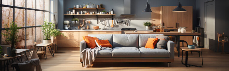 Playful interior design of studio apartment, modern living room and kitchen.