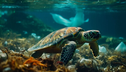 Green sea turtle swims among multi colored coral in tranquil underwater paradise