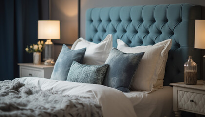 Modern luxury bedroom with comfortable bedding and elegant decoration