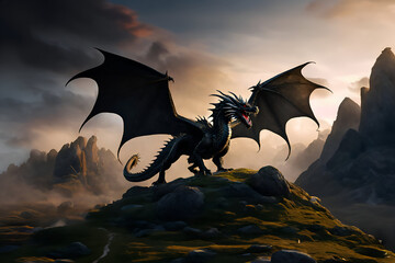 Black dragon standing on a rock - Generative AI