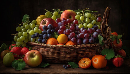 Fresh organic fruit basket with ripe grape and apple variations