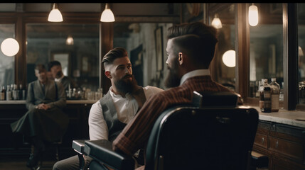 A stylish model with a beard, sitting in the barbershop chair