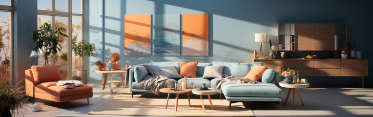 Playful interior design of studio apartment, modern living room and kitchen.