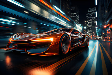 Fototapeta premium A sleek and aerodynamic vehicle speeding through a neon-lit urban landscape of the future, generative AI
