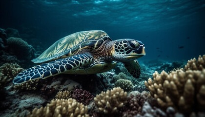 Fototapeta premium Underwater adventure Turtle swims among multi colored coral and fish